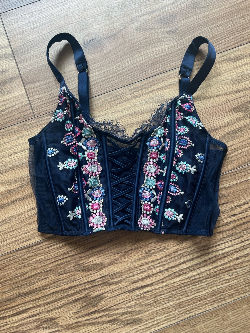 Victoria’s Secret Dream Angels Floral Embroidered Navy Corset Bra Top